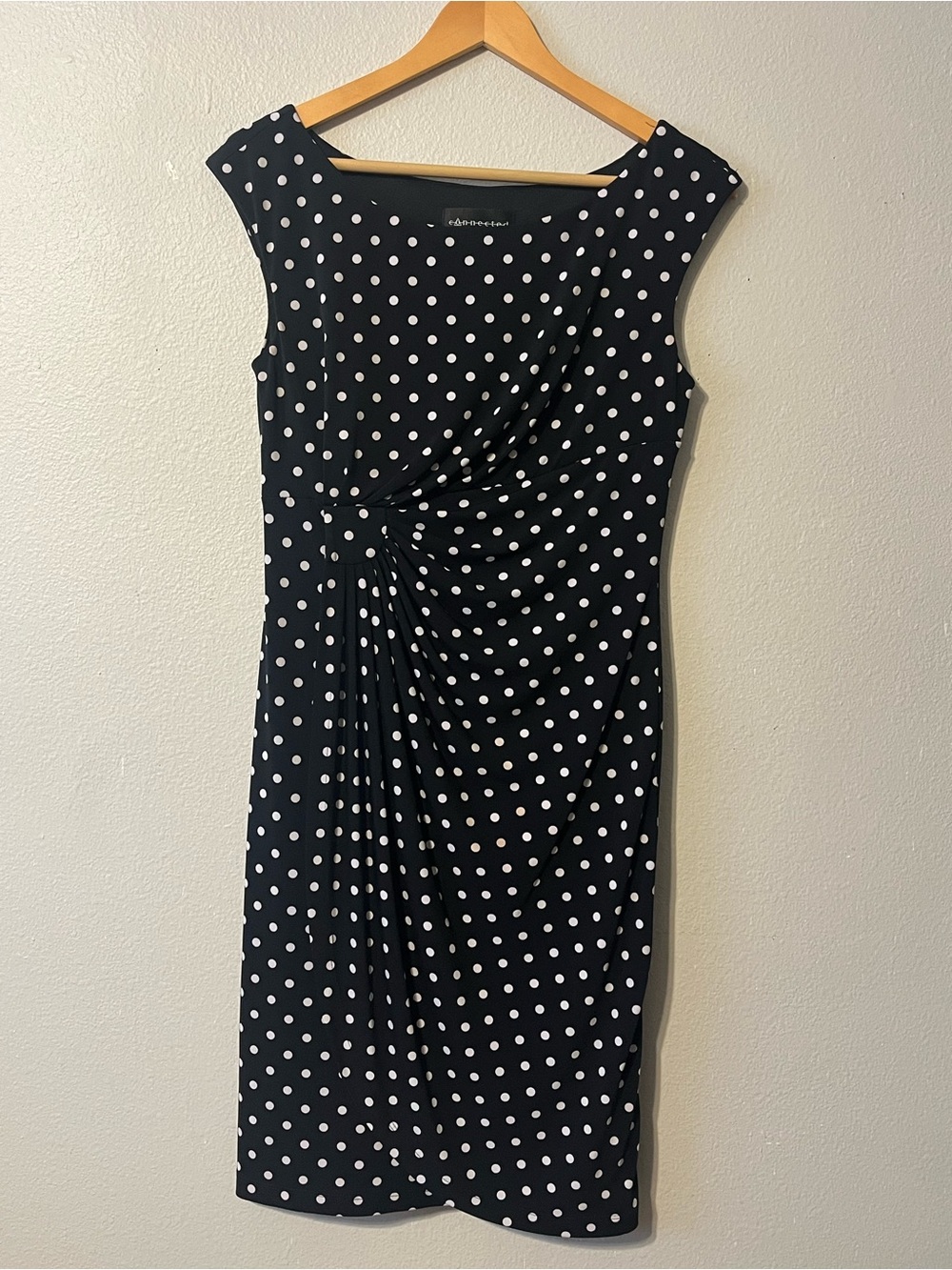 Vintage 90s Connected Polka Dot Faux Wrap Dress Ruching Black and White